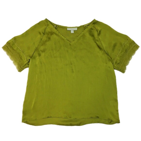 Ryegrass Womens S Chartreuse Green Short Sleeve Blouse Lace V Neck Boho Work Top - Picture 1 of 8